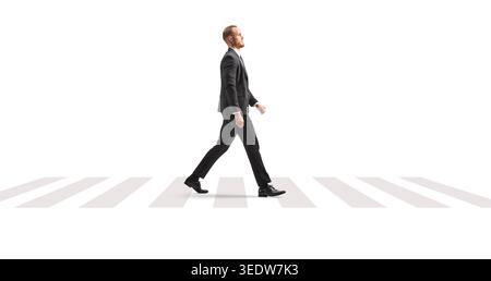 Full length profile shot of a businessman walking at zebra crossing isolated on white background Stock Photo