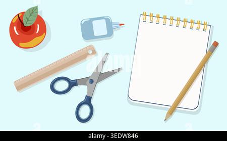Minimalist School Desk Flat Lay Vector Open Notebook with Scissors Ruler Pencil and Red Apple for Back to School Branding and Creative Education Stock Vector