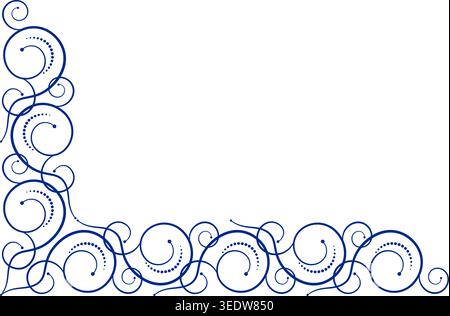 Blue frame in vintage style. Decorative corner element. Ornamental filigree design element of curved lines and dots Stock Vector