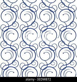 Blue intricate swirls on white background. Seamless pattern of flourish. Vintage style curly ornament. Ornamental background Stock Vector