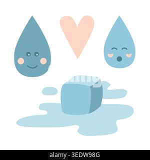 Hand-drawn cartoon illustrations of cute water drops and a piece of ice for healthcare projects about drinking water benefits  Stock Vector