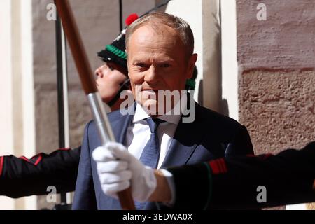 Rome, Italy. 07th May, 2026. Vatican City, May 7, 2026: Prime Minister Giorgia Meloni welcomes Polish Prime Minister Donald Tusk to Palazzo Chigi for an institutional meeting dedicated to the main European issues and cooperation between Italy and Poland. Credit: Independent Photo Agency/Alamy Live News Stock Photo
