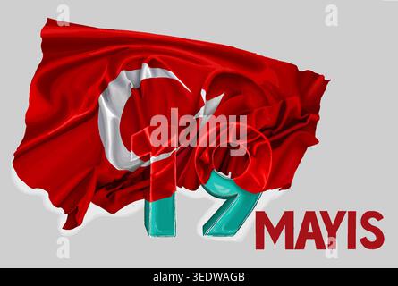 Vector illustration of the Turkish flag on a three-dimensional turquoise blue background with the number 19, for the May 19th celebration. Stock Vector
