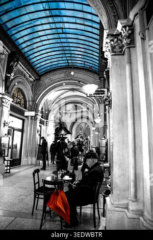 Blue-tinted glass ceiling of Ferstel Passage in Vienna, Austria. Stock Photo