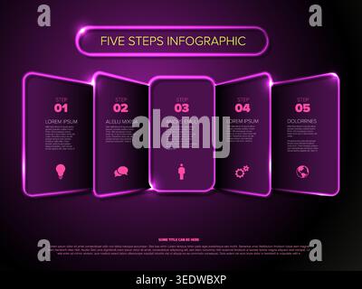 This modern purple infographic template features a glowing neon design for five steps logic. The neon infographic includes five steps to present infor Stock Vector