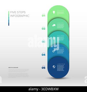 This professional infographic features a five steps infographic layout with layered circles. Each step in the five steps infographic includes icons an Stock Vector
