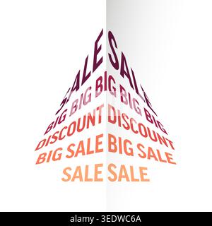 An artistic big sale graphic featuring discount typography arranged in a triangular perspective. This big sale design uses vibrant colors for the disc Stock Vector