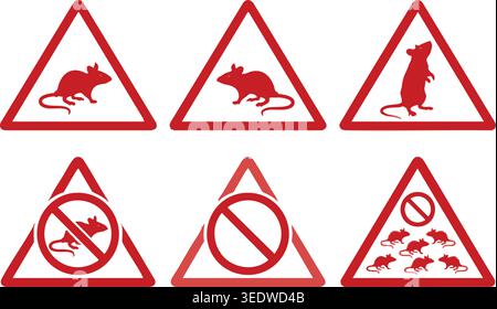 Red warning signs collection featuring rat and pest control symbols for rodent infestation management hygiene safety and prevention hantavirus Stock Vector