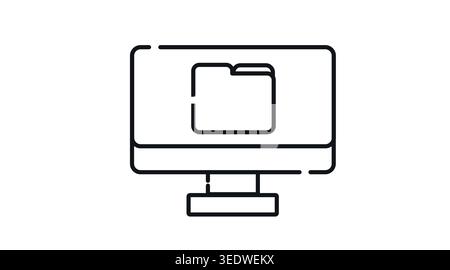 Computer file management icon: desktop PC with folder symbol on screen, minimalist black line art vector illustration for data organization. Stock Vector