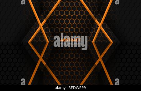 Abstract orange hexagon technology background with geometric lines. Futuristic honeycomb pattern dark tech backdrop. Orange glowing geometric Stock Vector