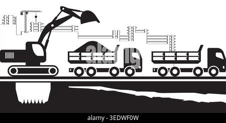 Earth mover loading dump trucks on construction site - vector illustration Stock Vector