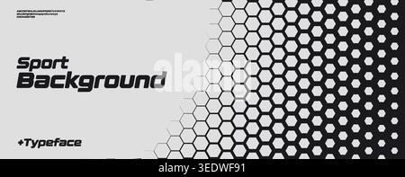 Hexagonal honeycomb black white gradient, tech halftone background with bold rounded dynamic font for sport, race, technology. Perfect for banner Stock Vector