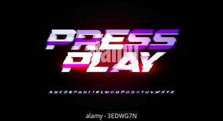 Neon Glitch Futuristic Typography Gaming Play Esports Digital Alphabet Font Gradient Vibrant Glow Cyberpunk Headline Promo UI Interface Dynamic Bold Stock Vector