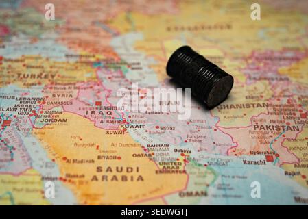 Depleted oil reserves and energy crisis on Middle East map. Stock Photo