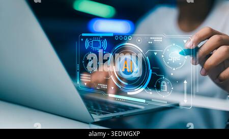 Professional person using laptop with AI artificial intelligence interface, cloud computing icon, and digital data security system. Business technolog Stock Photo