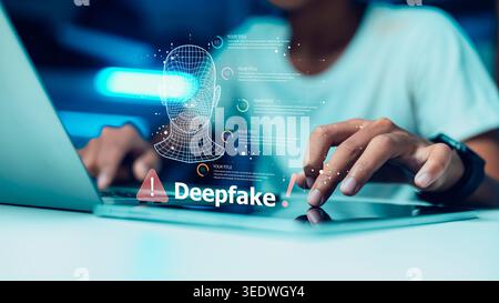 Professional person using tablet for deepfake detection and biometric face scanning. Cyber security concept, artificial intelligence identity verifica Stock Photo