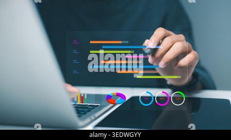 Professional person using stylus pen to manage project planning with Gantt chart and data dashboard on digital screen. Business strategy, analytics, a Stock Photo