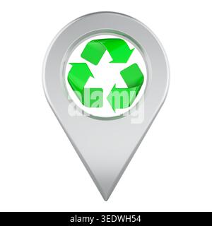 Recycling location pin with green symbol, 3d rendering isolated on white background Stock Photo