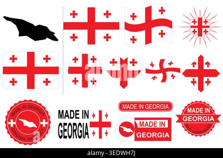 Georgia national symbols flags map and made in Georgia badges vector. Suitable for editorial, educational and commercial design projects. Stock Vector