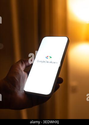 Google Developers logo is displayed on the screen of a smartphone, in Bangalore, India, on February 28, 2026 Stock Photo