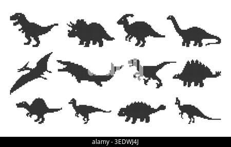 Set of pixel art dinosaur silhouettes featuring various species like T-Rex, Triceratops, and Pterodactyl. Retro 8-bit prehistoric creature collection Stock Vector