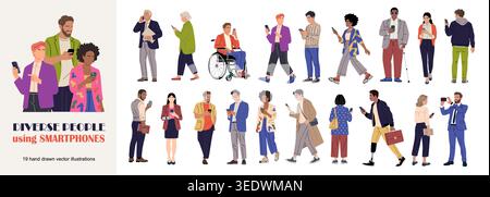 Set of diverse modern people using smartphones Stock Vector