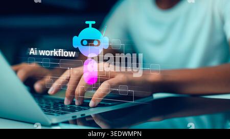 Person hands typing on laptop with virtual AI workflow and chatbot icon. Artificial intelligence, business process automation and digital transformati Stock Photo
