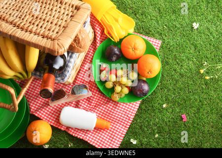 Top view of picnic setup with fruits, basket, sunglasses, sunscreen, and utensils on a red checkered blanket over vibrant green grass. Stock Photo