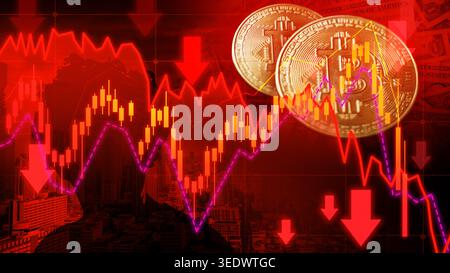 stock market cryptocurrency Decrease Decline Recession Graph , financial chart with downtrend line graph in stock market on red color background Stock Photo