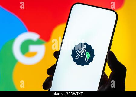 Android Studio logo is displayed on the screen of a smartphone, in Bangalore, India, on February 28, 2026 Stock Photo