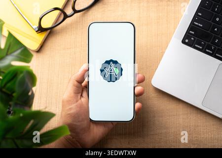 Android Studio logo is displayed on the screen of a smartphone, in Bangalore, India, on February 28, 2026 Stock Photo
