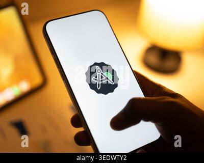 Android Studio logo is displayed on the screen of a smartphone, in Bangalore, India, on February 28, 2026 Stock Photo