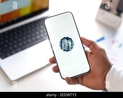 Android Studio logo is displayed on the screen of a smartphone, in Bangalore, India, on February 28, 2026 Stock Photo