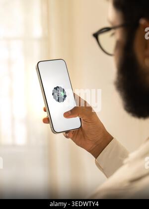 Android Studio logo is displayed on the screen of a smartphone, in Bangalore, India, on February 28, 2026 Stock Photo