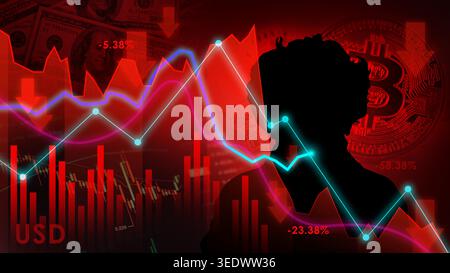 Crypto Currency Concept Silhouette Business man ,man trading digital currencies red line chart Stock Photo