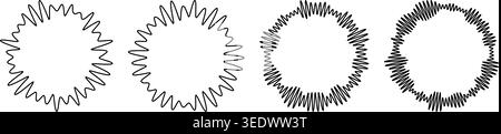 Sound wave circular pattern with pulsating audio lines. Abstract music equalizer icon features radial frequency rings and geometric burst for logo or background use. Stock Vector