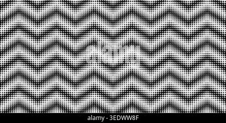 Halftone zigzag pattern with chevron lines formed by fading dots. Geometric vector design featuring bold black and white contrast for modern graphic backgrounds. Stock Vector