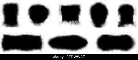 Halftone dot patterns and geometric shapes with gradient effects. Black frames, badges, and icons in abstract grunge style for modern graphic design projects. Stock Vector