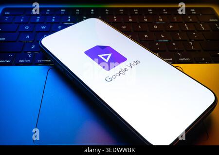 Google vids logo is displayed on the screen of a smartphone, in Bangalore, India, on February 28, 2026 Stock Photo