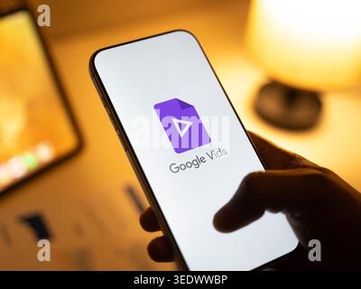 Google vids logo is displayed on the screen of a smartphone, in Bangalore, India, on February 28, 2026 Stock Photo