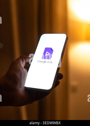 Google vids logo is displayed on the screen of a smartphone, in Bangalore, India, on February 28, 2026 Stock Photo