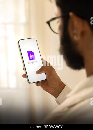 Google vids logo is displayed on the screen of a smartphone, in Bangalore, India, on February 28, 2026 Stock Photo