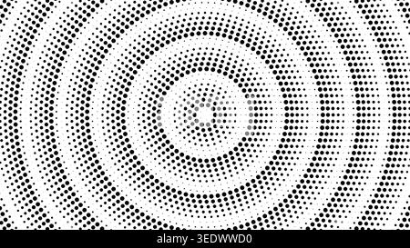 Halftone dot pattern with concentric circles radiating from center. Dynamic circular frame creates tech inspired abstract border with radial expansion effect. Stock Vector