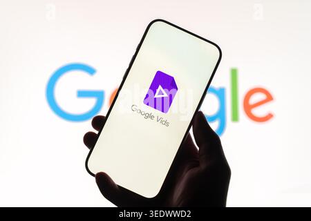 Google vids logo is displayed on the screen of a smartphone, in Bangalore, India, on February 28, 2026 Stock Photo