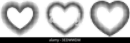 Halftone dots form decorative heart frames with gradient fade effects. Retro pop art style pattern perfect for valentine cards, romantic designs, and trendy digital graphics projects. Stock Vector