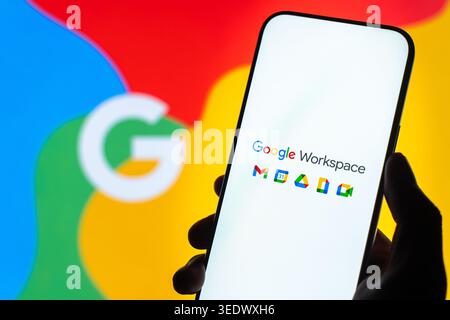 Google Workspace logo is displayed on the screen of a smartphone, in Bangalore, India, on February 28, 2026 Stock Photo