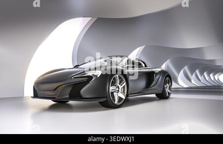 3d Dark luxury sports car abstract architecture tunnel Stock Photo