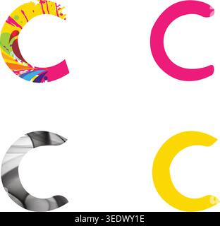 Creative alphabet letter C collection with colorful abstract paint splash, pink glossy style, marble texture and yellow minimalist design isolated on Stock Vector