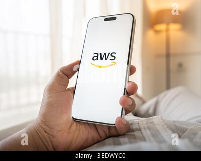 Amazon web services or AWS logo is displayed on the screen of a smartphone, in Bangalore, India, on May 11, 2026 Stock Photo