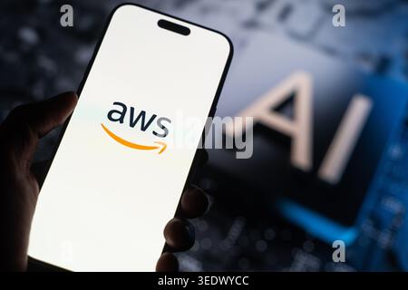 Amazon web services or AWS logo is displayed on the screen of a smartphone, in Bangalore, India, on May 11, 2026 Stock Photo